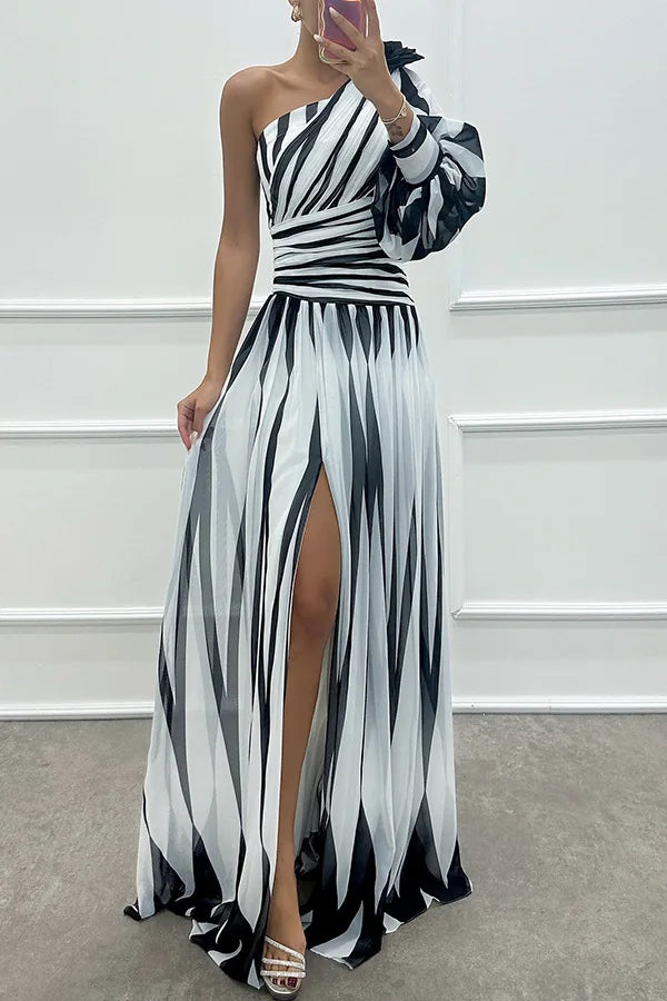 Dress Long Dress 2024 Spring and Autumn New Temperament Fashion Printed Slant Shoulder Split Dress INS Casual Loose Party Dress