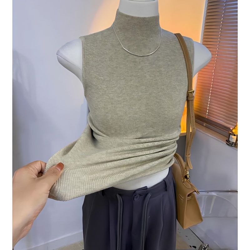 Sweater Vests Women Simple Half High Collar Fashion Autumn Basic Slim Sleeveless Sweaters All-match Ulzzang Leisure Knitting Ins