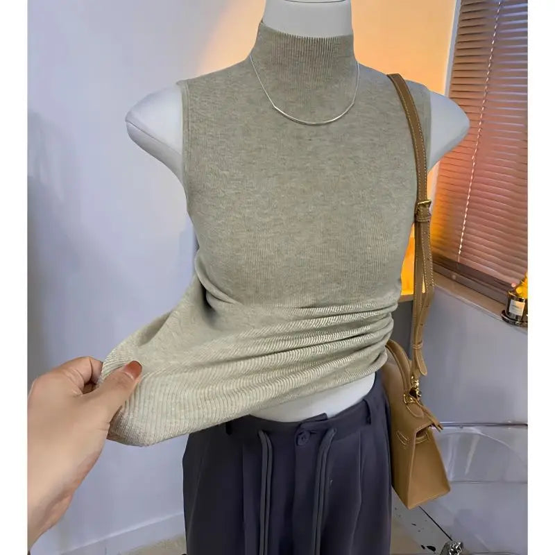 Sweater Vests Women Simple Half High Collar Fashion Autumn Basic Slim Sleeveless Sweaters All-match Ulzzang Leisure Knitting Ins
