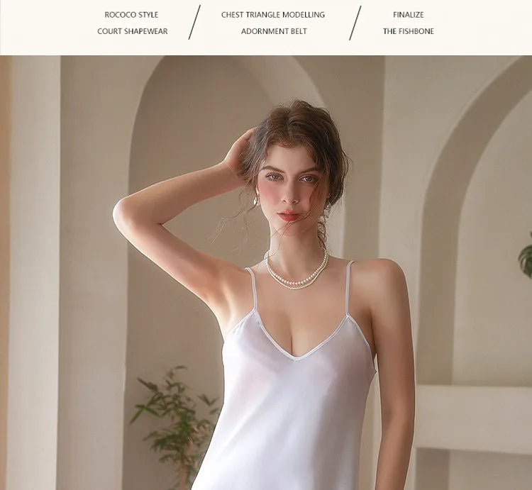 Fashion Sexy V-Neck Nightgown For Women Solid Silk Satin Lingerie Night Dress Sleeveless Sleepwear Female Nightwear Home Clothe