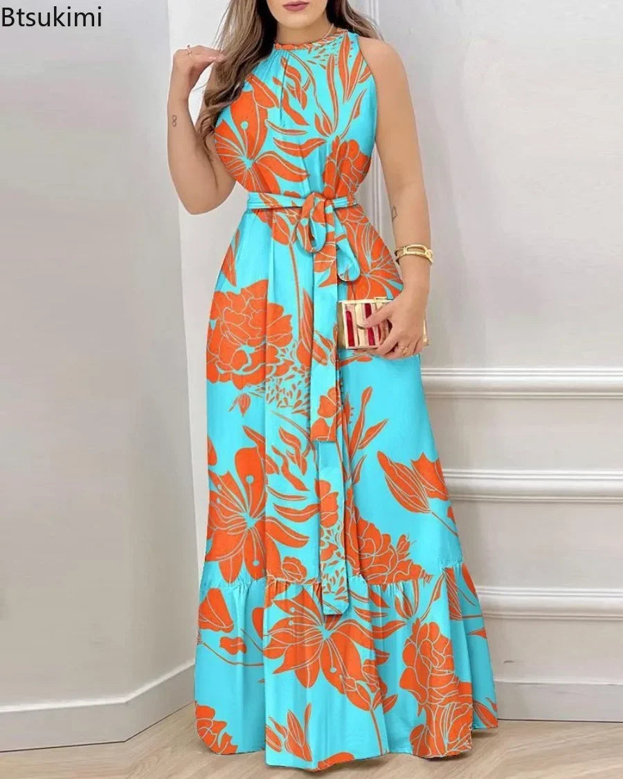 2025 Women's Elegant Floral Print Long Dresses Spring Summer Lace up Print Strap Dress Holiday Beach Female Robe Vesido Mujer