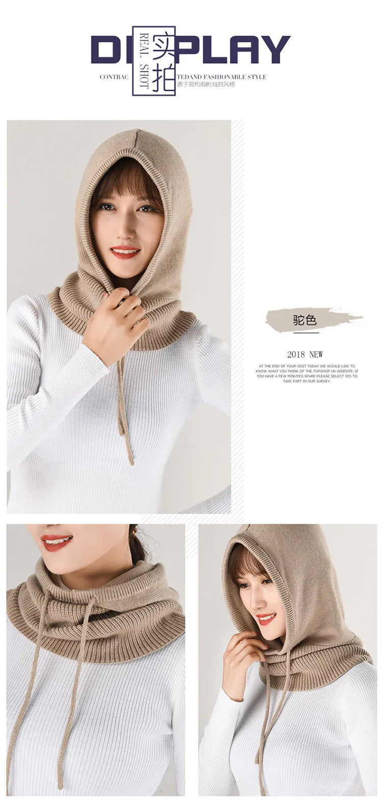 Winter Hats for Women, Wool Blend Hooded Scarf Hat for Girls Balaclava Knit Skull Cap Beanie Hat Neck Gaiters