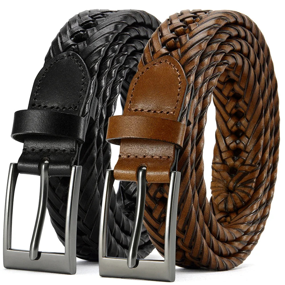 Men Belts Genuine Leather LONG Large Pin Buckle Metal Automatic Buckle High Quality Braided Vintage Casual for Jeans Women Strap