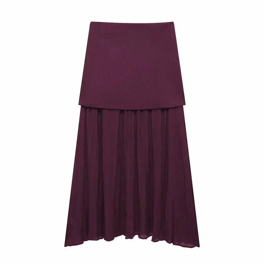 HH 2025 Women Skirt Set Wine Red Knitted V-Neck Sleeveless Slim Vest +Solid High Waist Zipper Patchwork Long Skirt Street