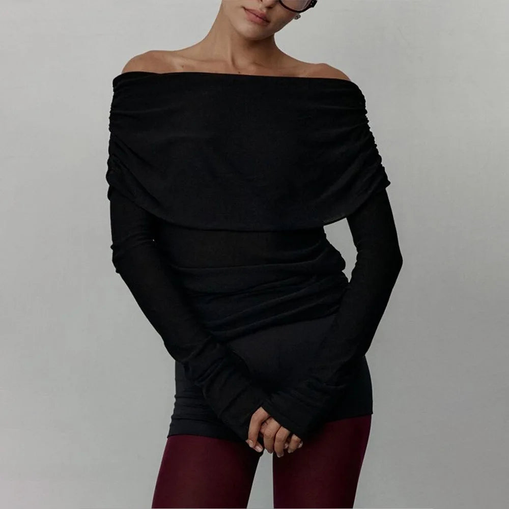 Sweater Women's Autumn and Winter Style Long Sleeved Knitted Base Shirt, One Shoulder Sexy Slim Fit Off Shoulder Top