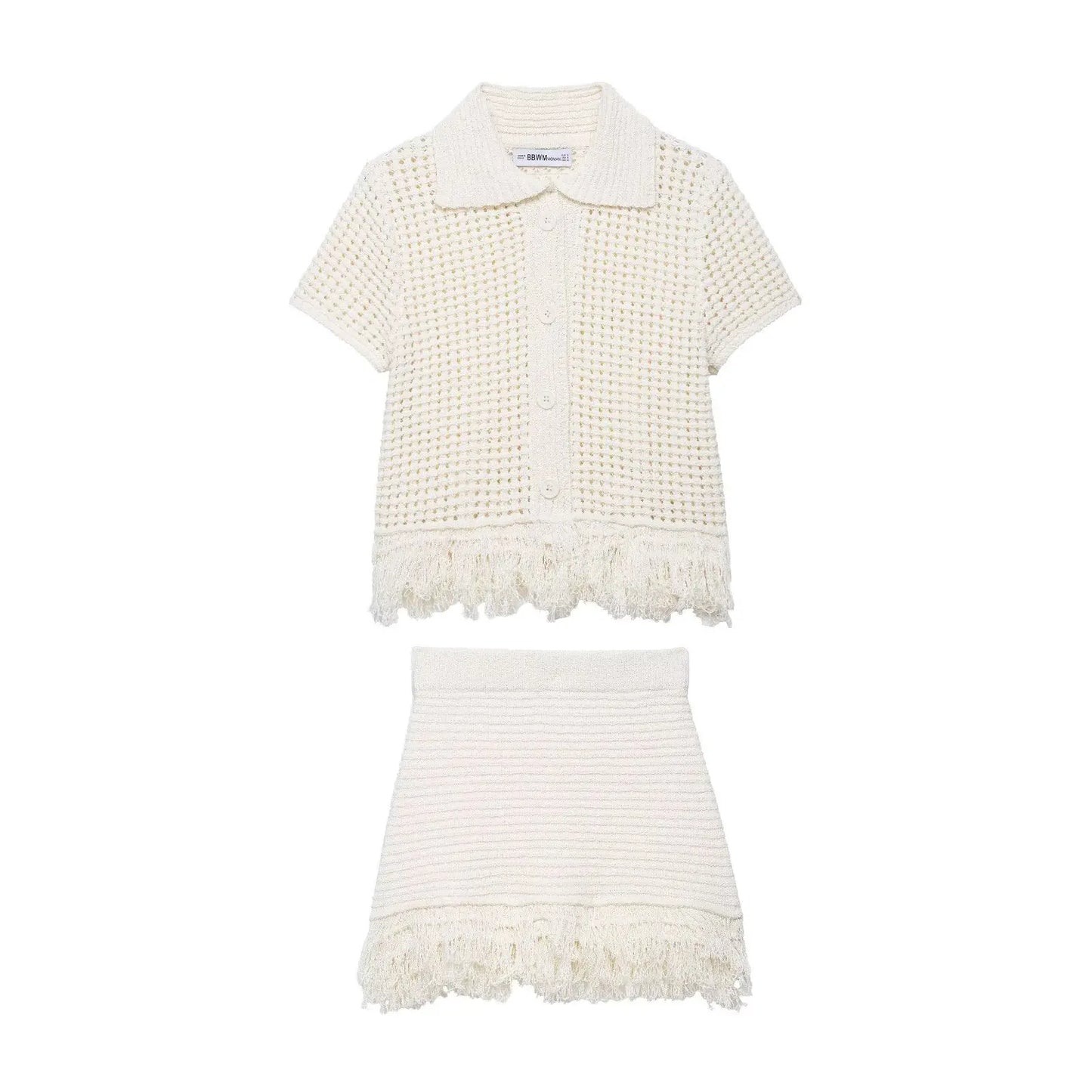 Tassel Skirt Sets Short Sleeve Knitted Tops Sexy Hip Hugging Skirts 2 Piece Set Women's Party Streetwear 2025 Woman Outfits