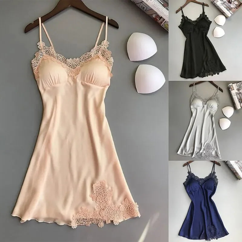 Ladies Sexy Silk Satin Night Dress Sleeveless Nighties V-neck Nightgown Nightdress Lace Sleepwear Nightwear for Women Sleep Tops