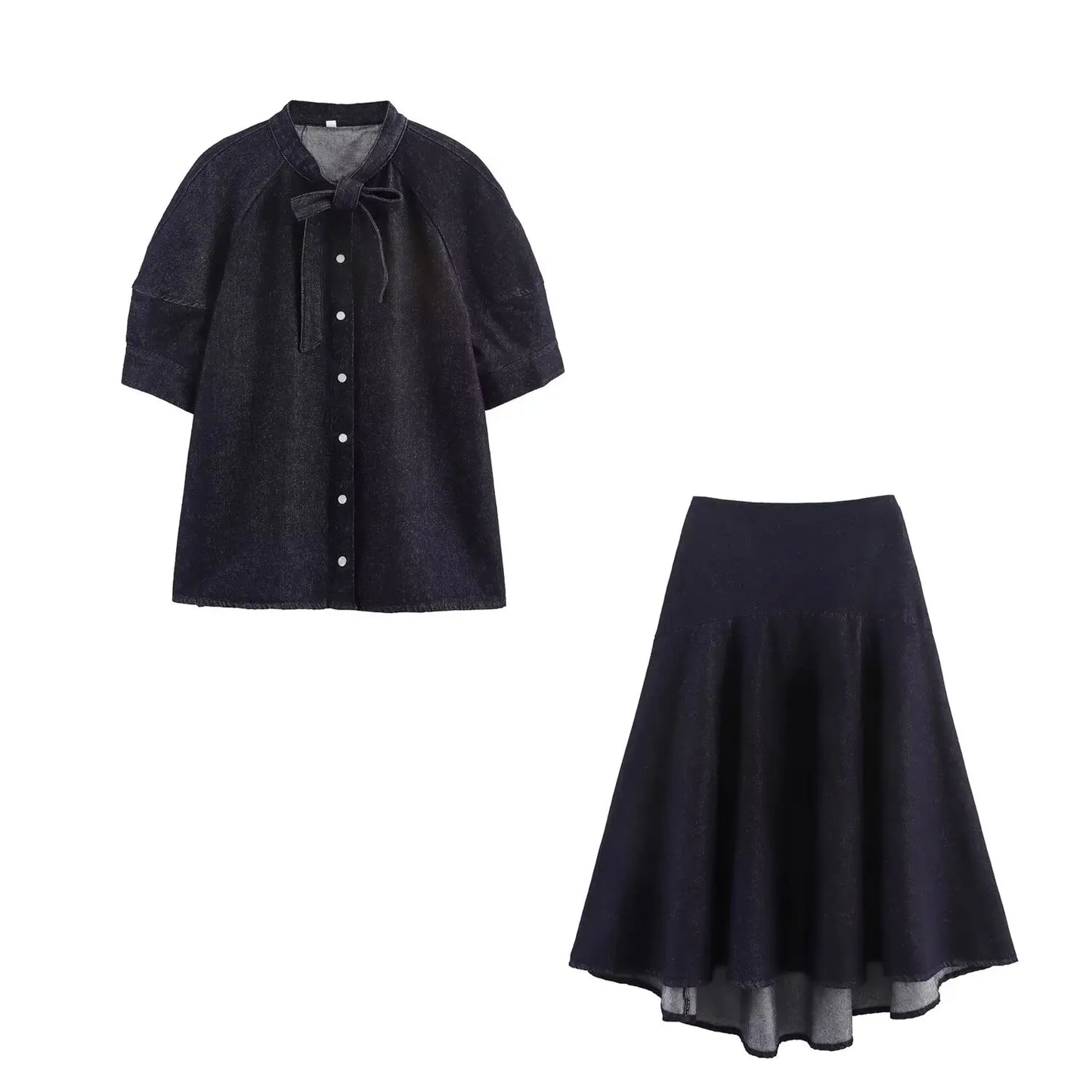 HH Women Casual Suits Bow Decoration Single-breasted Shirt+Zipper Pleated Elastic Waist Midi Skirt Denim Solid Skirt Sets
