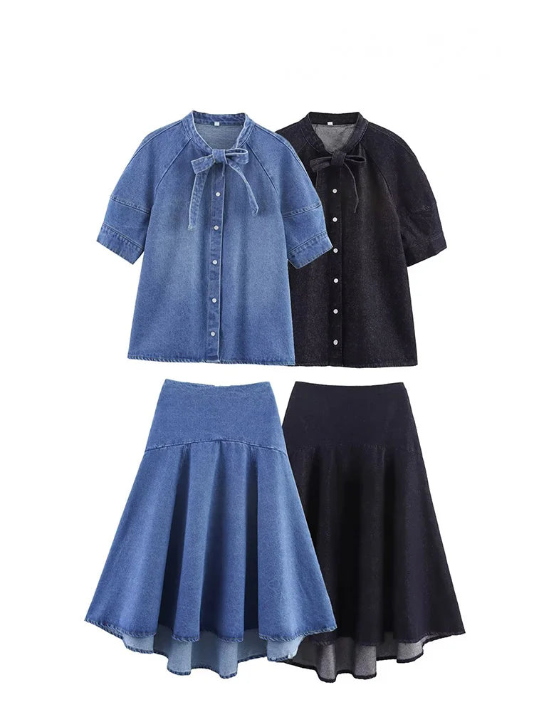 HH Women Casual Suits Bow Decoration Single-breasted Shirt+Zipper Pleated Elastic Waist Midi Skirt Denim Solid Skirt Sets