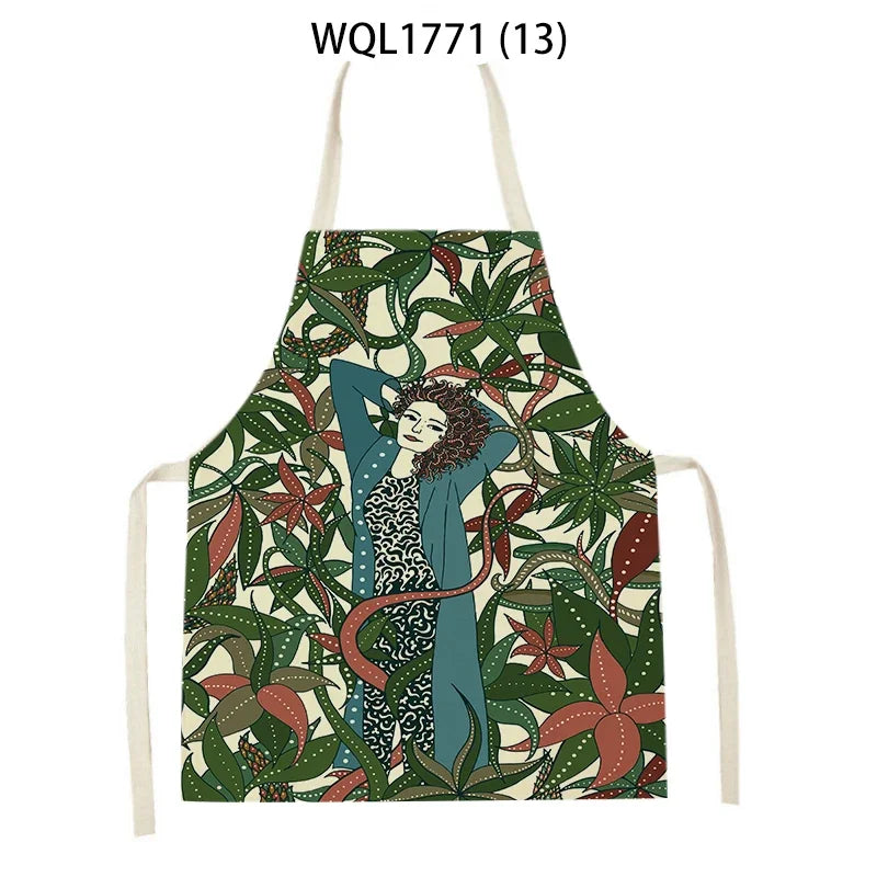 Kitchen Apron Modern Girl Plants Pattern Linen Aprons for Women Men Household Cleaning Apron Cooking Baking Accessories