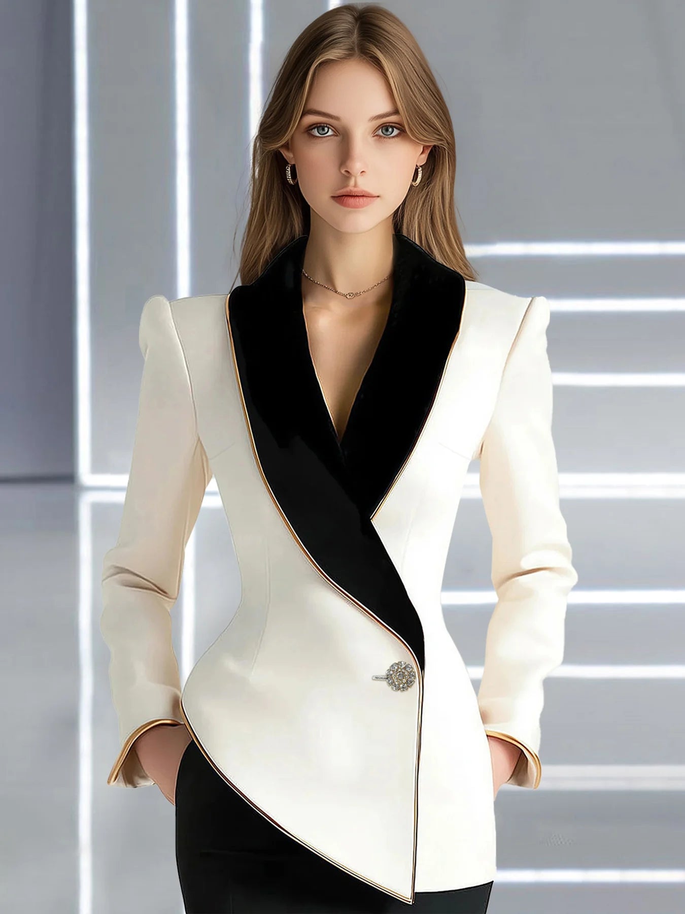 Women Blazer Jacket Elegant Asymmetrical White Blazer with Black Contrast Lapels Long Sleeves Slim Blazers Women's Outerwear