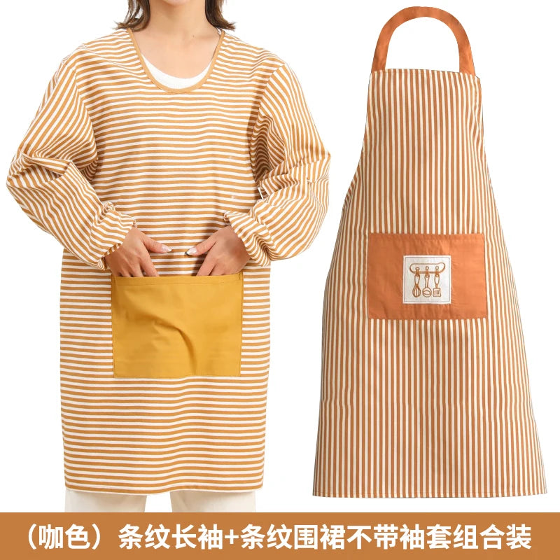 Fashionable Striped Apron For Home Kitchen Cooking Long Sleeved Women's Cute Anti Stain Work Dining Work Clothes Smock