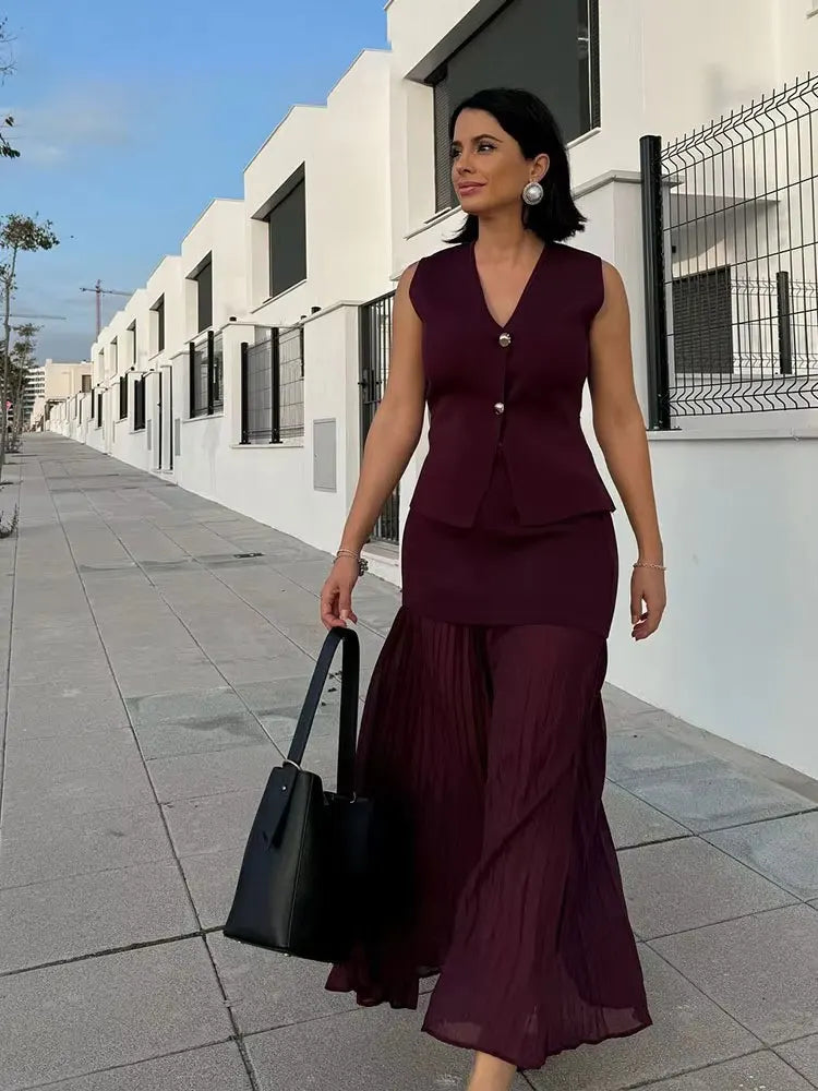 HH 2025 Women Skirt Set Wine Red Knitted V-Neck Sleeveless Slim Vest +Solid High Waist Zipper Patchwork Long Skirt Street