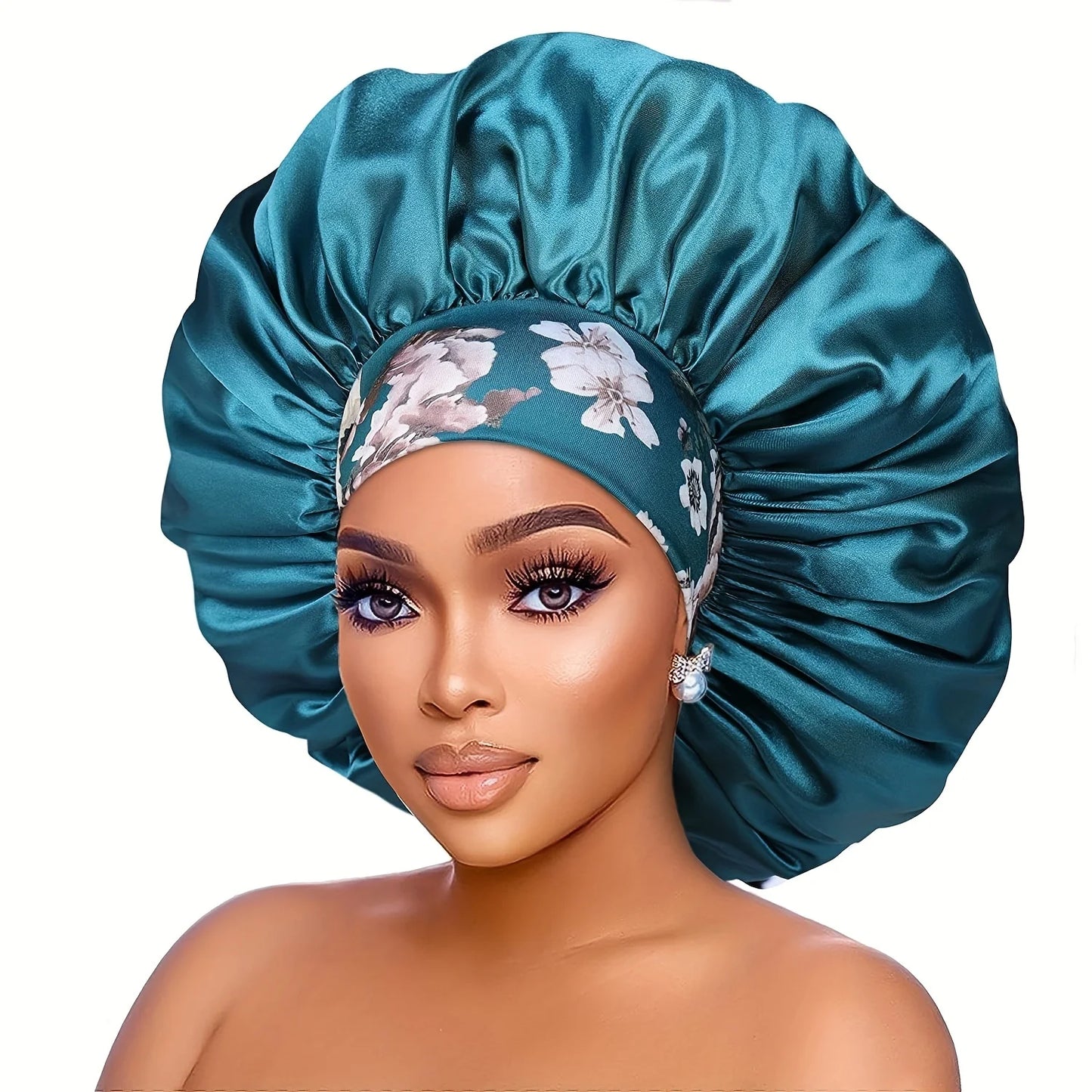 Women's Fashion Bonnet Flower Printed Hair Hat with Wide Edge Elastic Silk Smooth Satin Face for Daily Home Sleep Hat