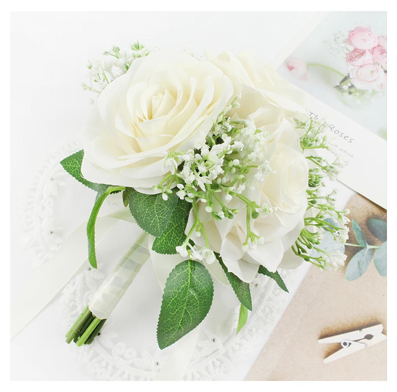 Bridal Bridesmaids Bouquets with Bowknot Ivory Roses Silk Flowers Bouquet for Valentine's Day Marriage Wedding Bride Photography