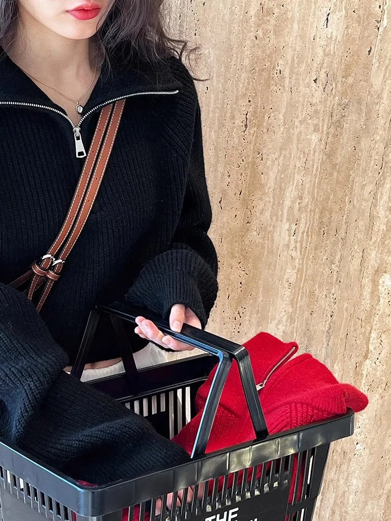 Sweater Pullover Women Autumn Winter 2025 New Zipper Underlay Loose Short Style Popular Premium Sweater Female Tops