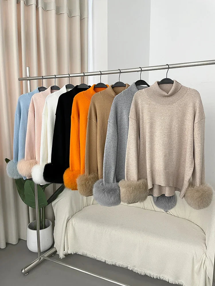 Sweater Women 2024 Autumn Winter Fashionable Sweaters with Real Fox Fur Sleeves Slim Fit Sweaters Fur Knitwear England Style