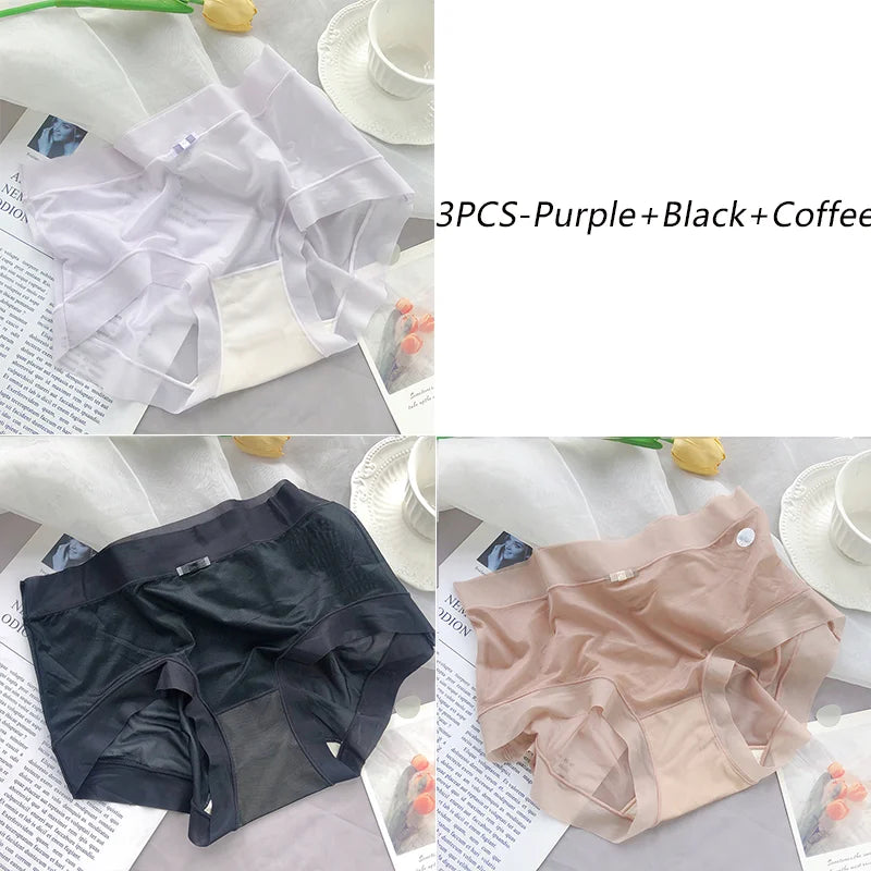 3PCS Women Seamless Panties Ice Silk Transparent Breathable Antibacterial Panty Mid-waist Briefs Cotton Underwear