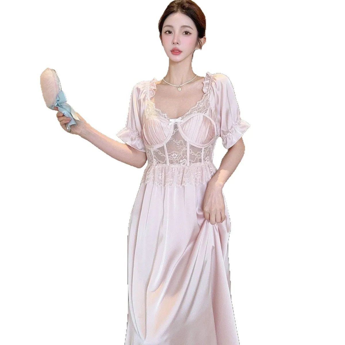 Women Long Nightgown Sleepwear Elegant Retro Court Style Nightdress Home Dressing Gown Spring Summer Rayon Sexy Lace Loungewear