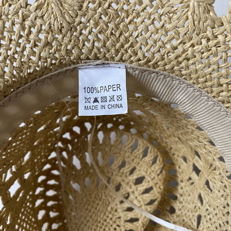 Straw Western Cowboy Hat for Women Men Classic Vintage Hollow Out Unisex Curled Wide Brim Sun Hat Fishing Hat Climbing Cap