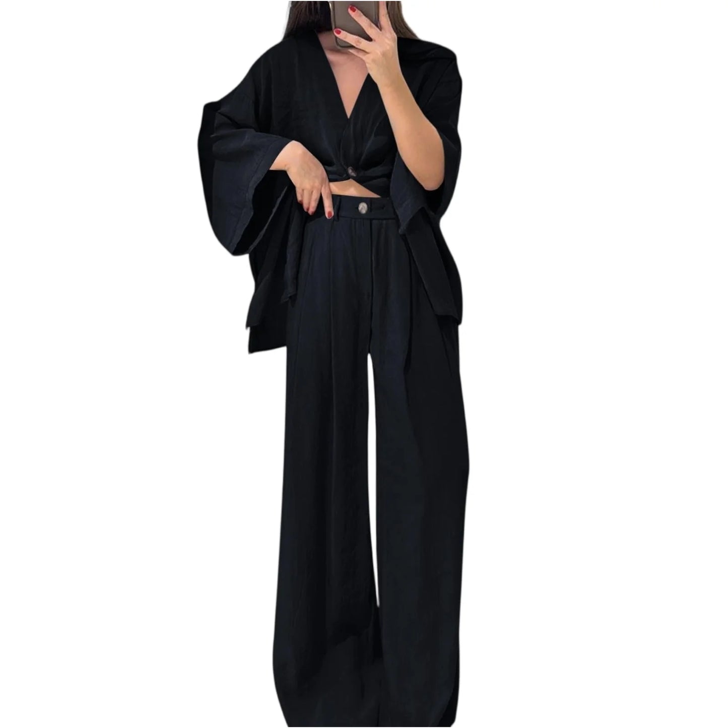 Two Piece Outfits For Women V Neck Button Down Shirt Top And Wide Leg Pants Set Loose Sweatsuits Conjunto Dos Piezas Mujer