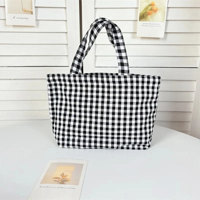 Portable Women's Bento Handbags Simple Plaid Ladies Small Tote Purse Shoulder Bags Retro Female Cloth Reusable Shopping Bag