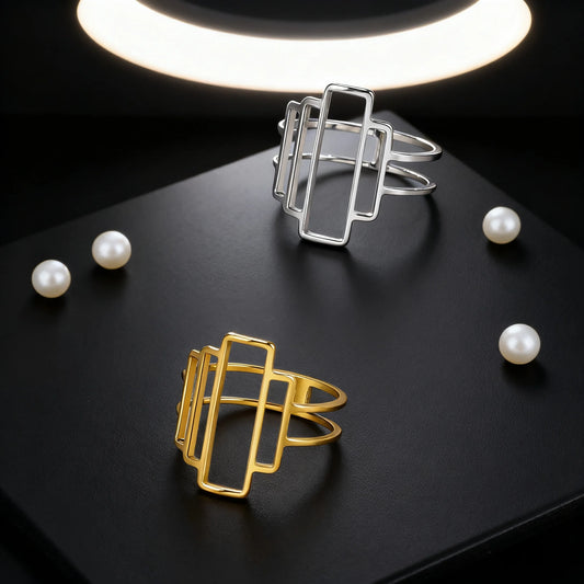 Fashionable and minimalist rectangular geometric ring with hollowed out lines geometric building ring minimalist couple ring