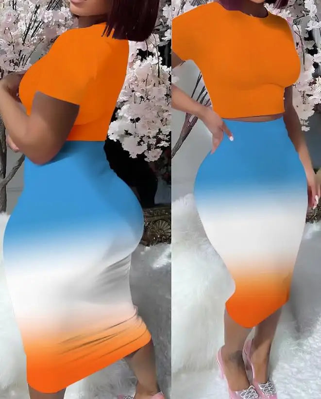 Womens Two Piece Sets Elegant Sexy Outfit Short Sleeve Top & High Waist Skirt Set New Fashion 2023 Summer Casual Female Suit