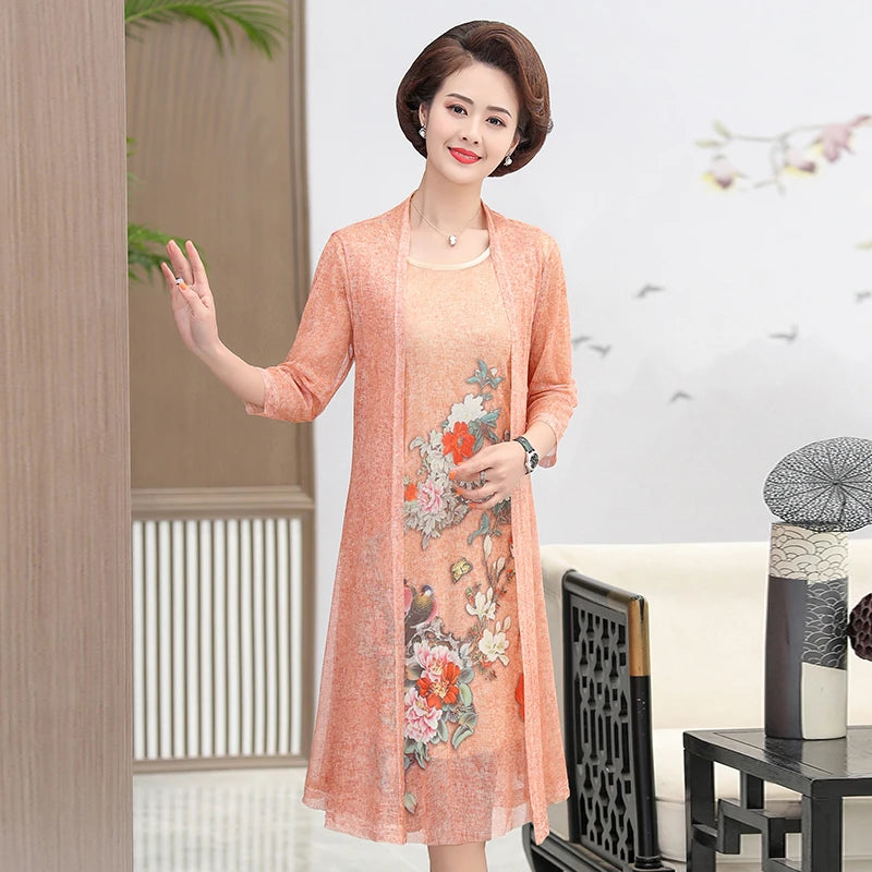 Elegant Dresses Women NEW Summer Casual Retro Temperament printing two Piece Set Dress Mother Dress plus Size
