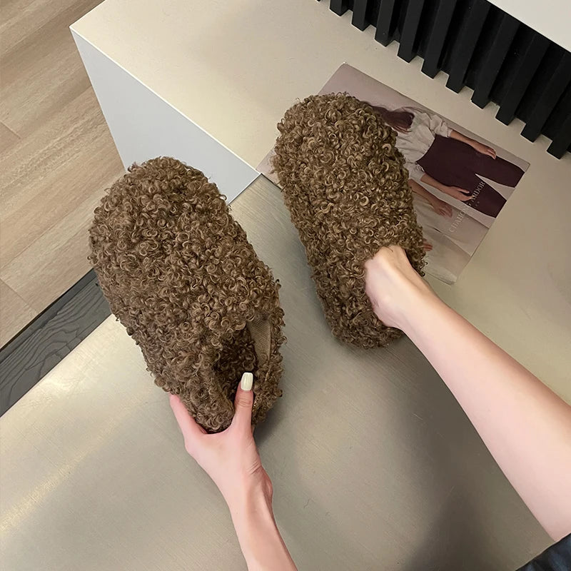 Shoes Woman 2025 Cover Toe Slippers Casual Platform Fur Flip Flops Pantofle Luxury Plush New Slides Shoes Woman 2024 Plush Slipp