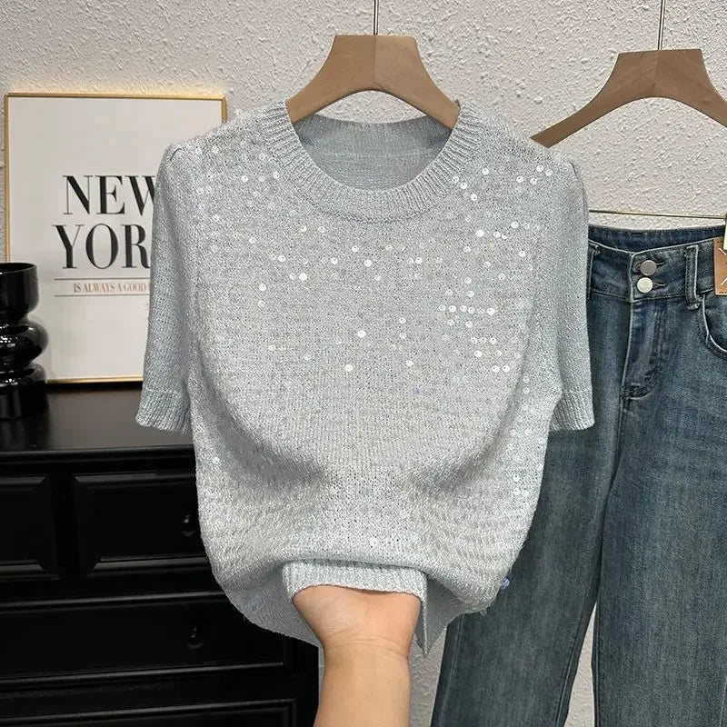 Summer Sweater Short-sleeved T-shirt for Women Temperament and Fashionable Versatile Half-sleeved Sweater Sequin Top