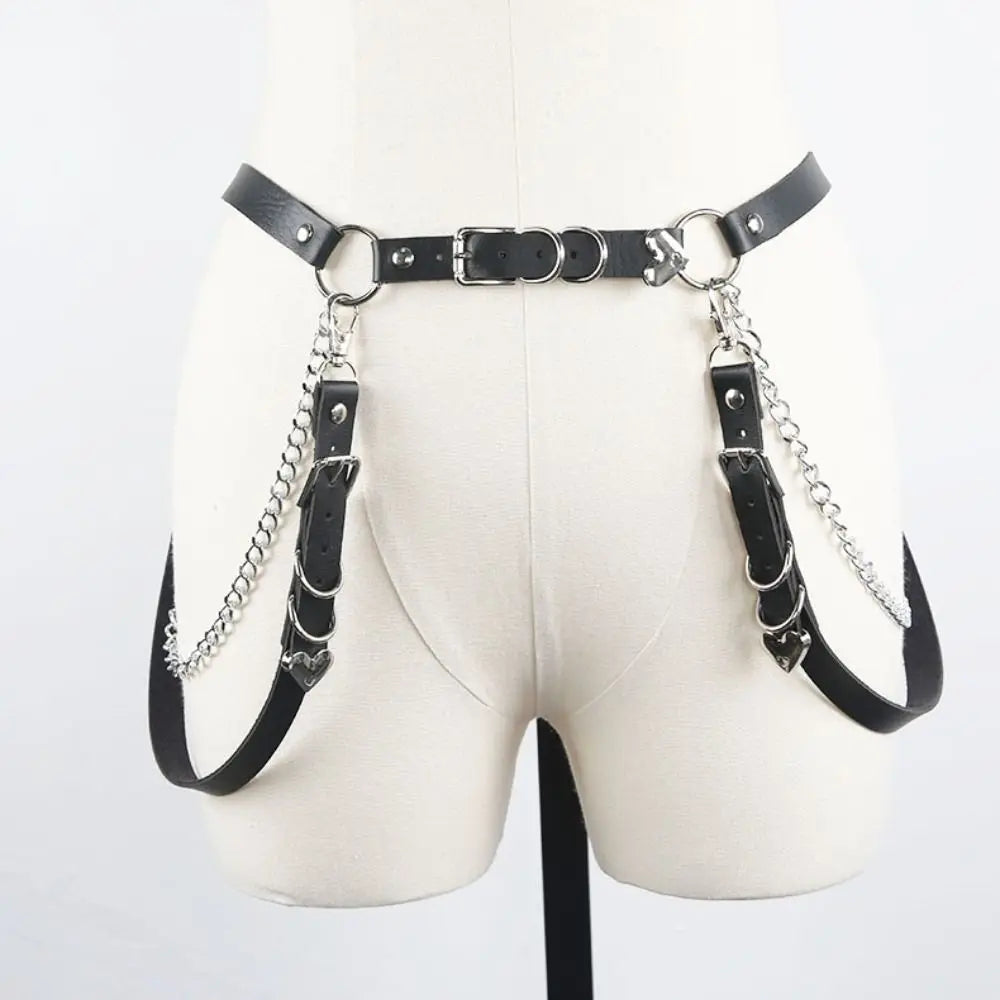 Women Skirt Belt Female Pu Leather Hip Hop Rock Nightclub Sexy Jeans Dress Heart Punk Belt with Metal Waist Chain