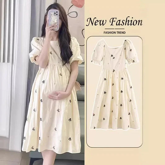 Maternity Chiffon Floral Dress Summer Sweet Ruffled Collar Fashion Printing Pregnant Women Dress Elegant Clothes