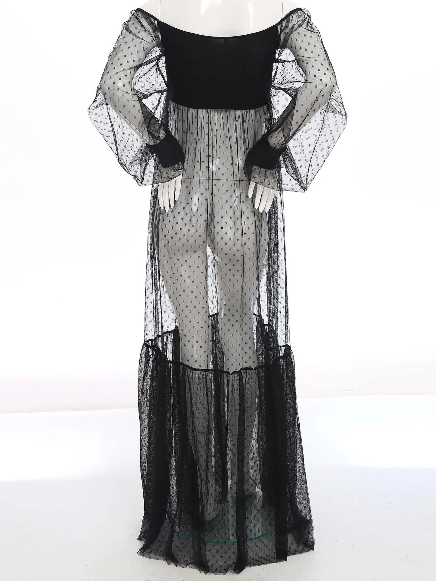 Maternity Pregnancy Photography Dress Bubble Sleeve Off-shoulder Polka Dots Sheer Mesh Split Maxi Gown for Party Sleepwear