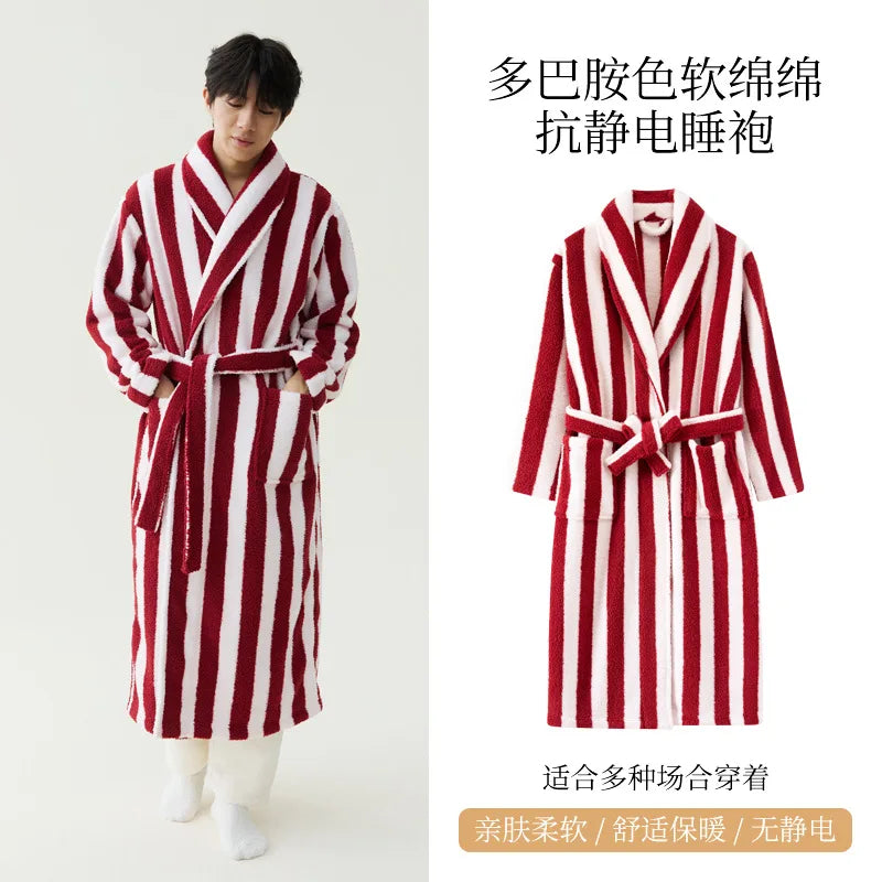 2025 New Autumn/Winter Women's Sleepwear Thick Velvet Warm Robe Couple Coral Velvet Striped Lengthed Home Clothes Bathrobe