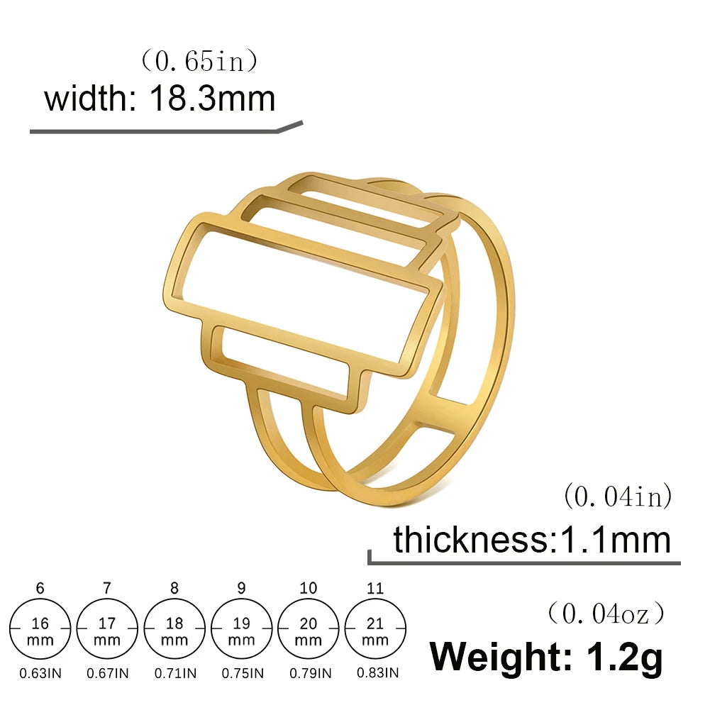 Fashionable and minimalist rectangular geometric ring with hollowed out lines geometric building ring minimalist couple ring