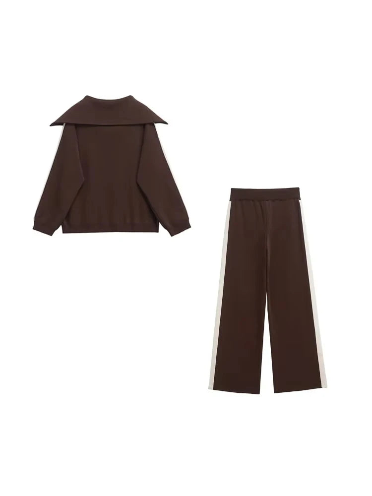 Women's Fashion Two-Piece Set with Side-Stripped Knit Sweater And High-Elastic Waist Straight Pants Female Casual Outfit