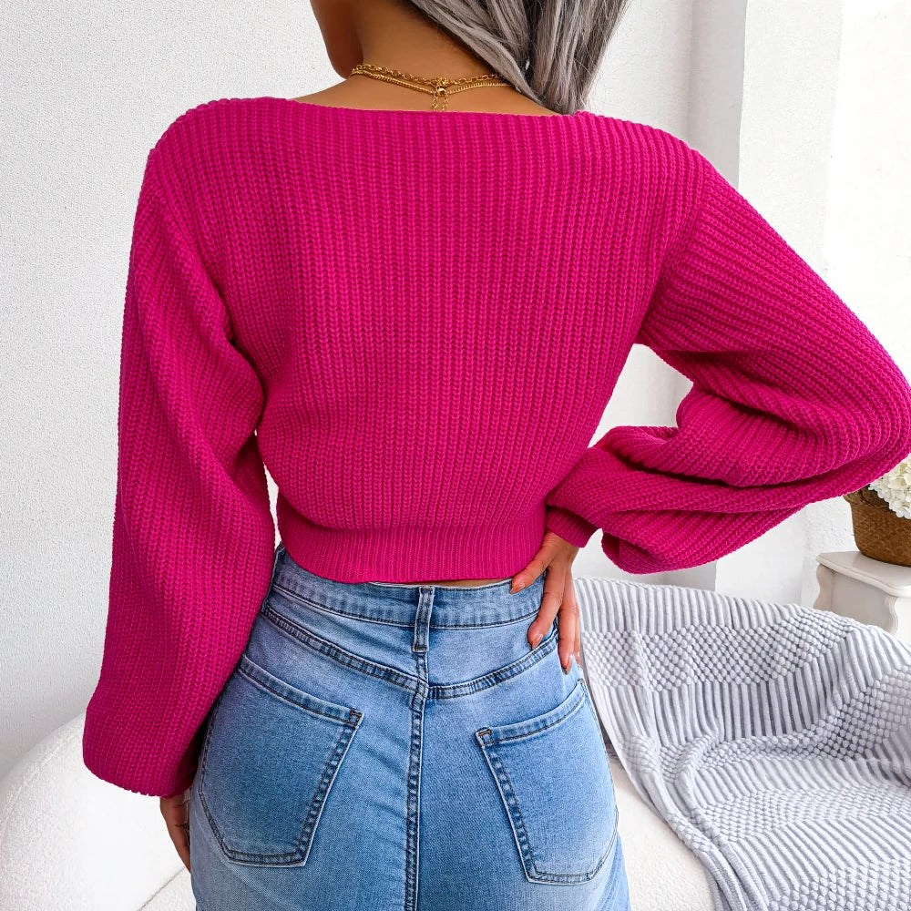 Women Sweater 2025 Autumn Casual Sexy Bow Long Sleeve Knitted Pullovers Crop Tops Blue Green White Red