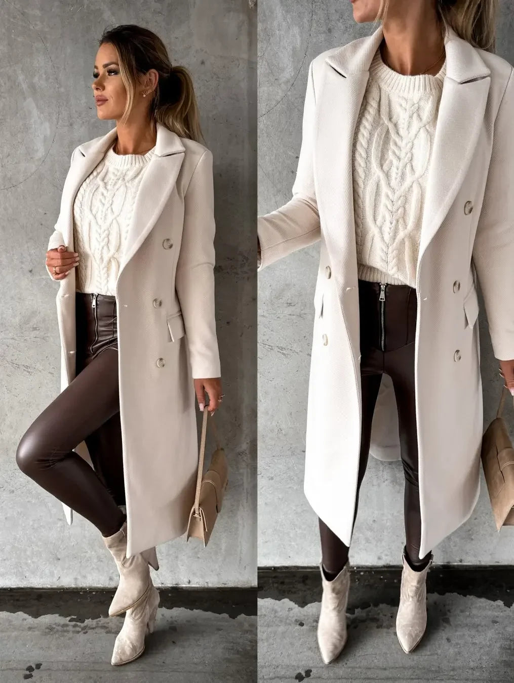 Women Double Breasted Woolen Outerwear Solid Color Long Overcoat Commuter Style Turndown Collar Lady Outerwear for Autumn Winter