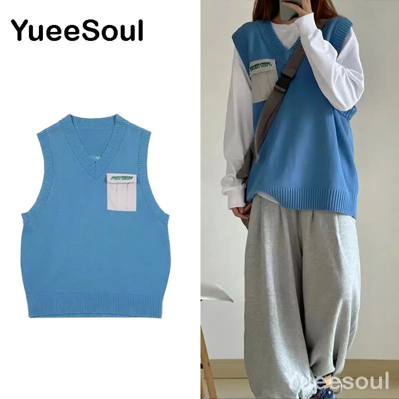 Sweet Kawaii Sweater Vest Printed Sleeveless Casual Outerwear Knitted Waistcoat 2023 Vintage Y2K Spring  E Girl Pullovers Tops