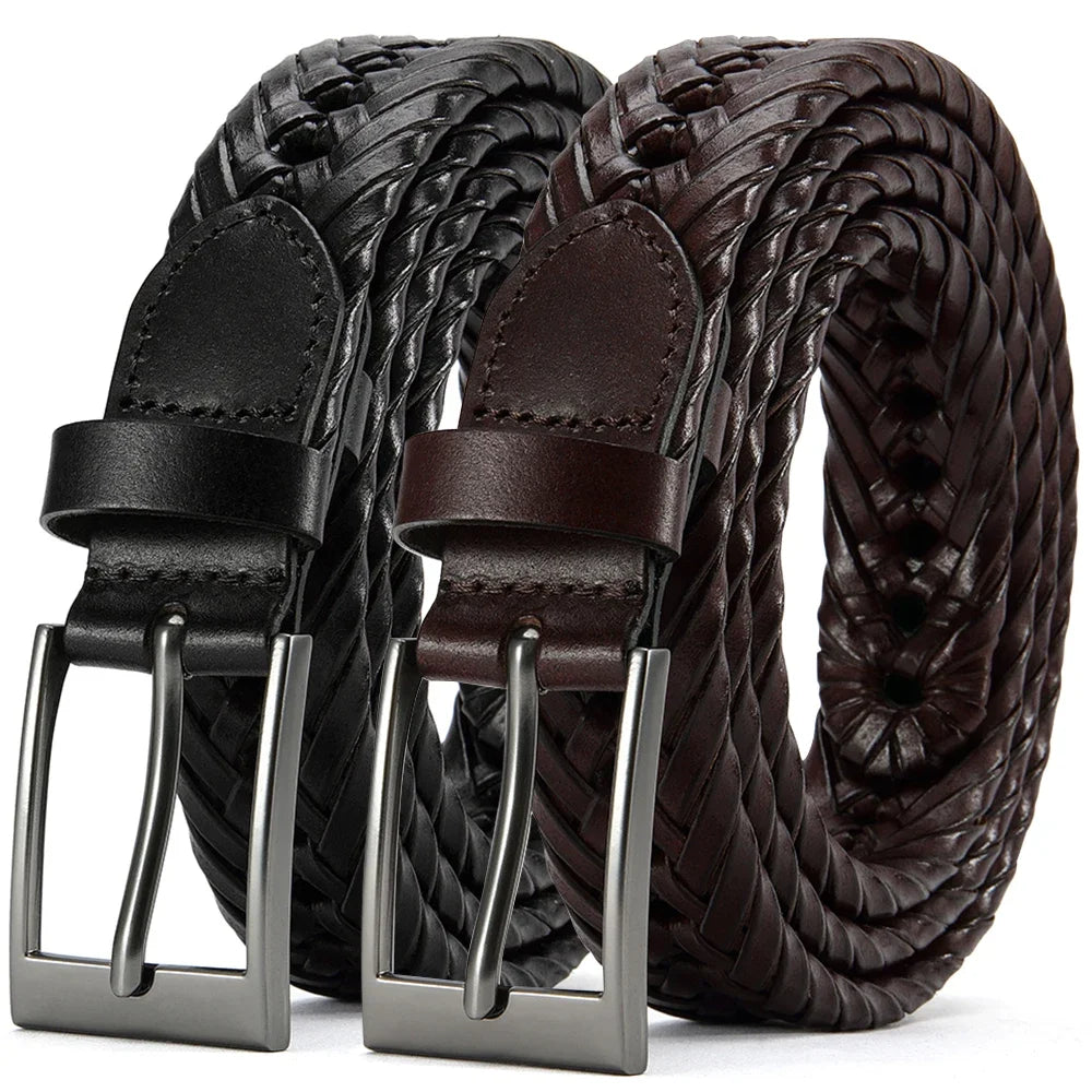 Men Belts Genuine Leather LONG Large Pin Buckle Metal Automatic Buckle High Quality Braided Vintage Casual for Jeans Women Strap
