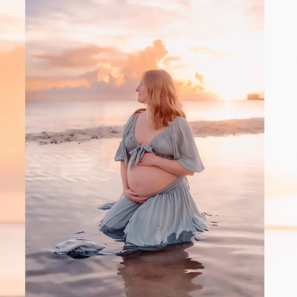 Maternity Photography Dresses Soft Cotton-Like Dress V-neck Tie Up Top A-line Skirt Two-Piece Set Clothes For Pregnant W