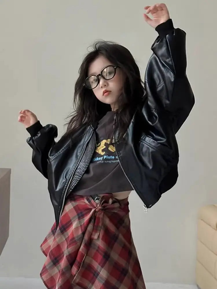 Girls' outerwear Spring and Autumn 2025 New Fashionable Outerwear Short Leather Jacket Autumn Clothing for Children