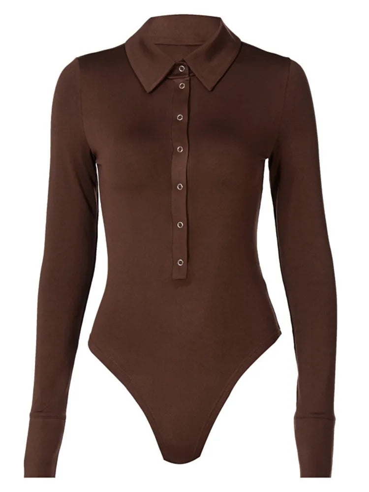 Women's Clothing Jumpsuit bodysuit Button Lapel Long Sleeve Bodysuit Buttoned Wrap Bodysuits Solid color yoga fitness bodysuit