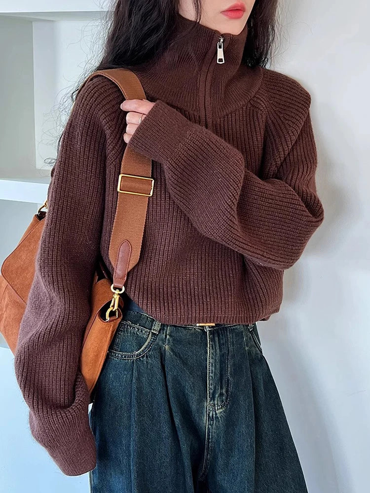 Sweater Pullover Women Autumn Winter 2025 New Zipper Underlay Loose Short Style Popular Premium Sweater Female Tops