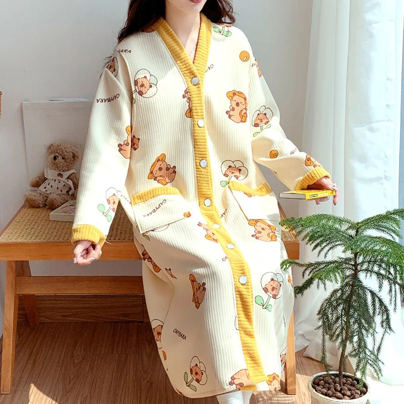 Maternity Sleepwear Nursing Nightwear Long Sleeve Robe Loose Fit Pregnant Women Homewear Winter Comfortable Fleece Nightwear