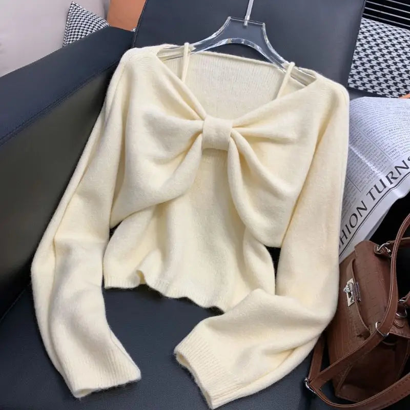 Sweater Suit for Women Two-piece 2025 Autumn New Suspender Vest Bow Long Sleeve Short Top