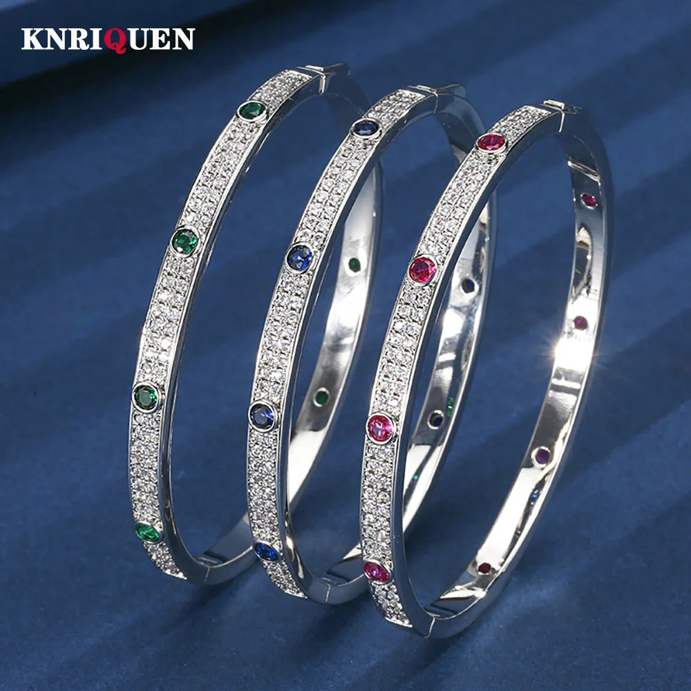 Luxury Wedding Bangles for Women Vintage 4mm Sapphire Emerald Ruby Bracelets Gemstone Party Fine Jewelry Birthday Female Gifts