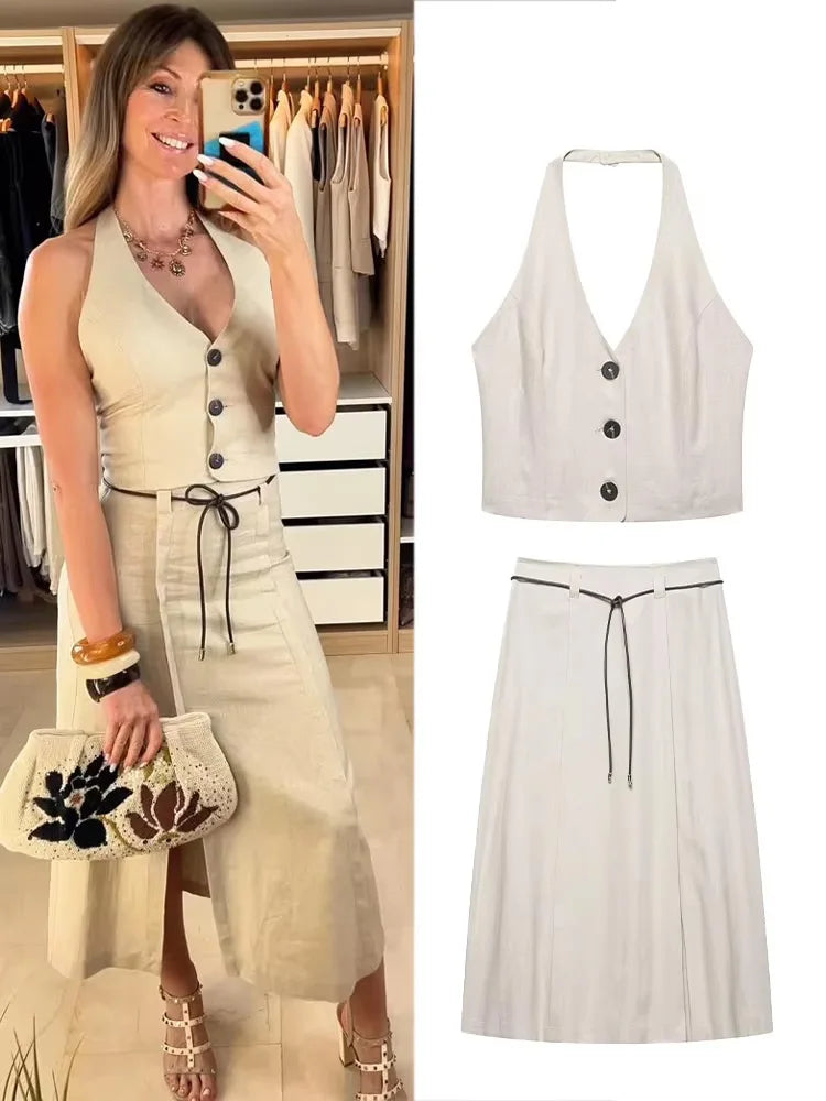 HH Women Skirts Set Hanging Neck Collar Backless Single-breasted Short Tops+A-Line High Waist Lace-up Skirt Women Suits