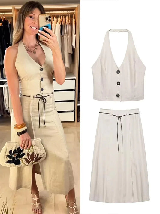 HH Women Skirts Set Hanging Neck Collar Backless Single-breasted Short Tops+A-Line High Waist Lace-up Skirt Women Suits